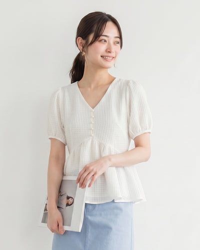Vネック ウエストシェイプ パフスリーブ シフォンブラウス