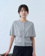 ケープレイヤード風／前立てボタン／フェイクレイヤード半袖Tシャツ-シルバー-XL