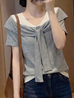 ドッキングVネック リボン付き フェイクレイヤード半袖Tシャツ-グレー-XL