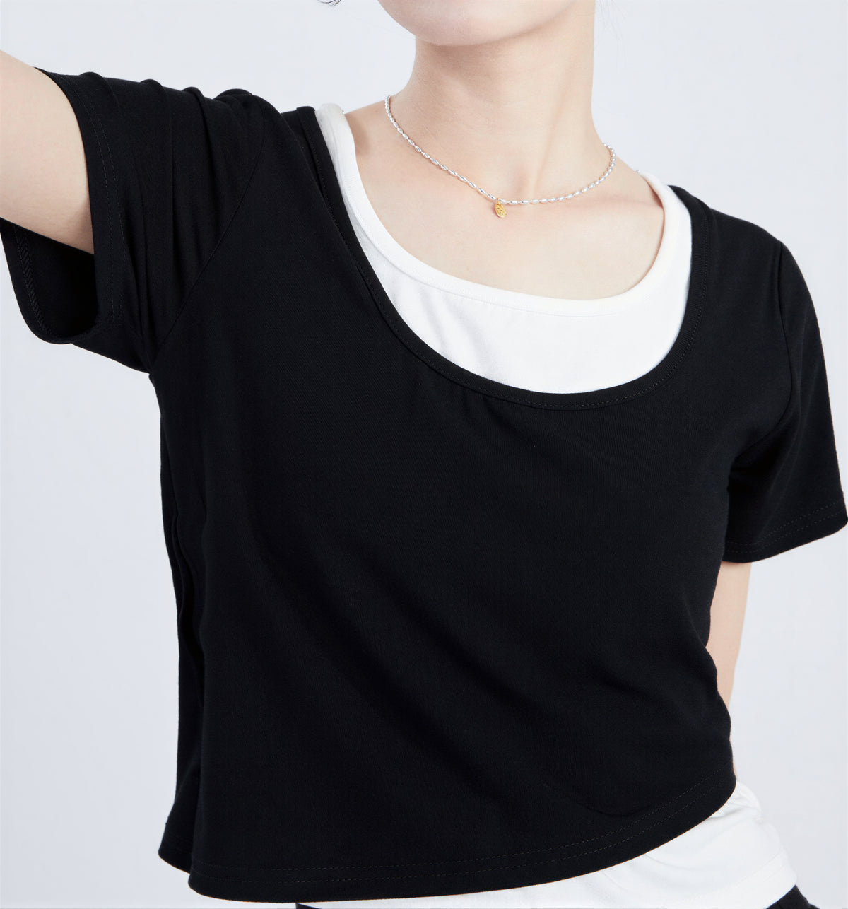配色切り替え スリム見え フェイクレイヤード 半袖Tシャツ