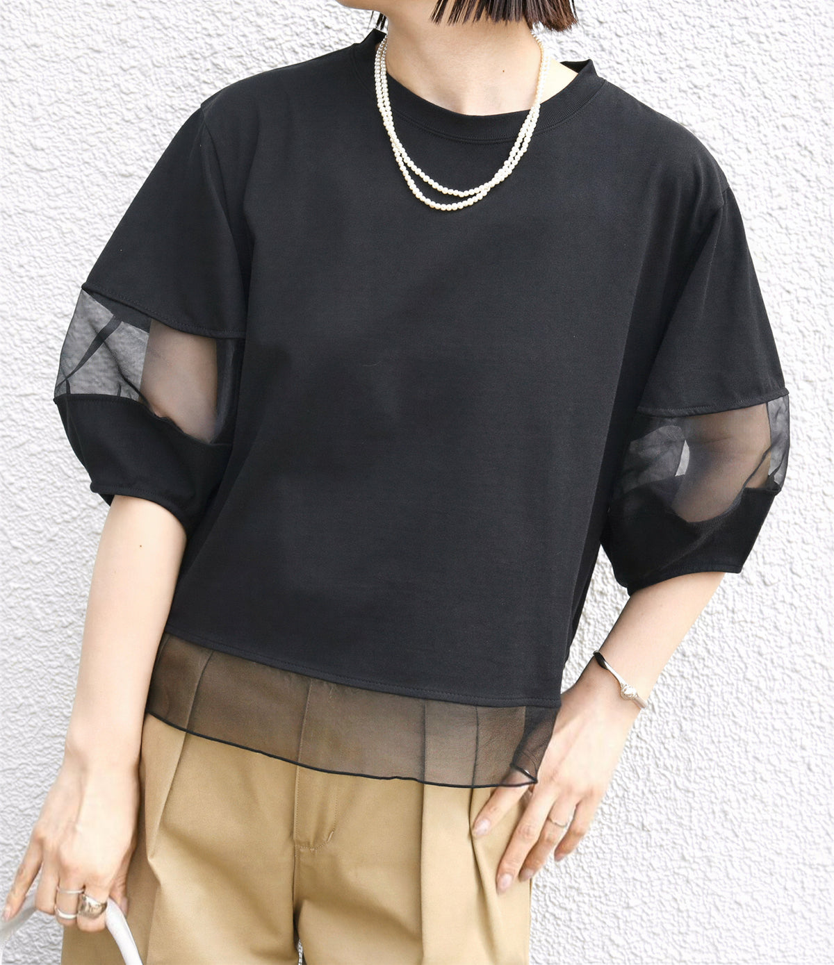 オーガンジー切り替えパフスリーブTシャツ