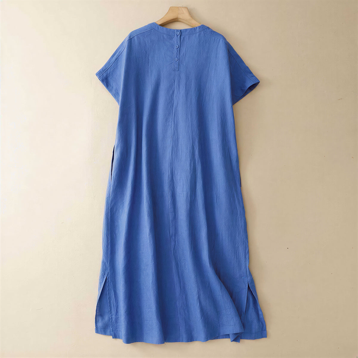 M~2XL プリーツ入りクルーネック ゆったりミディ丈ワンピース