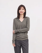 襟付きVネック スリムフィット長袖Tシャツ-グレー-F