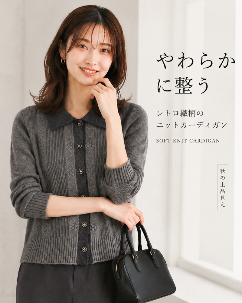 【秋新作】S~2XL 配色カラー ジャカード縦柄 ニットカーディガン