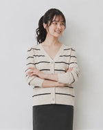 【秋新作】S~2XL Vネック ボーダー 透かし編み ニットカーディガン