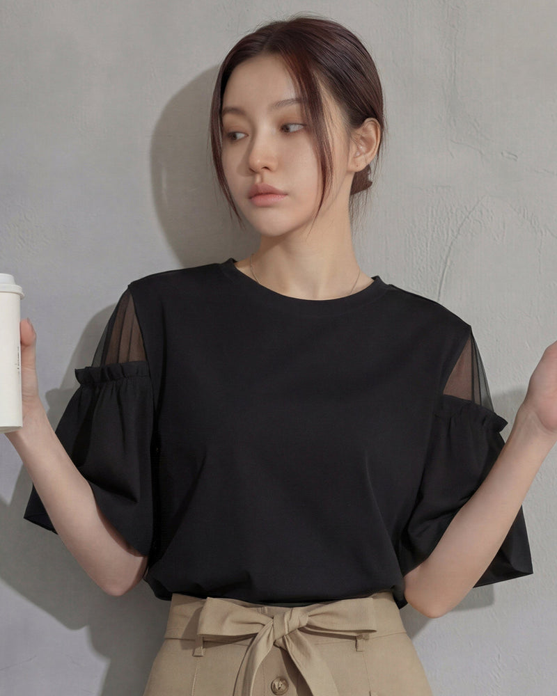 オフショルダー切替 フリルスリーブ ゆったり半袖Tシャツ