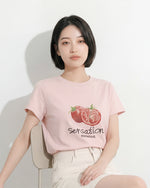 ライトピンク フルーツプリント クルーネック半袖Tシャツ
