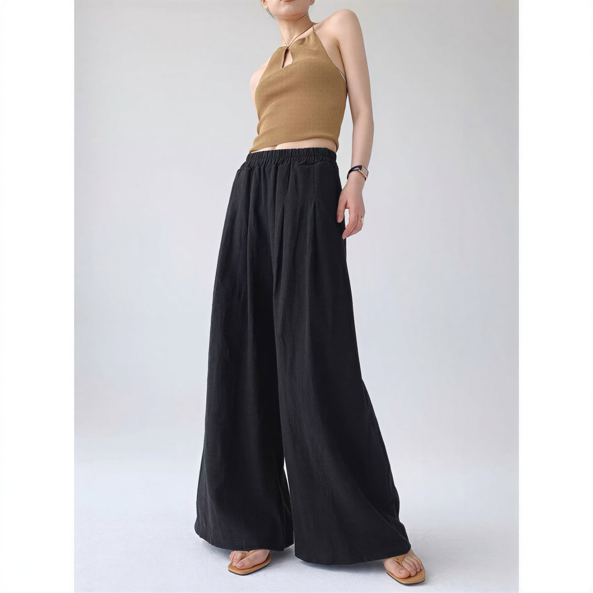 ハイウエスト タック入り ドレープ ワイドパンツ-ブラック-2XL