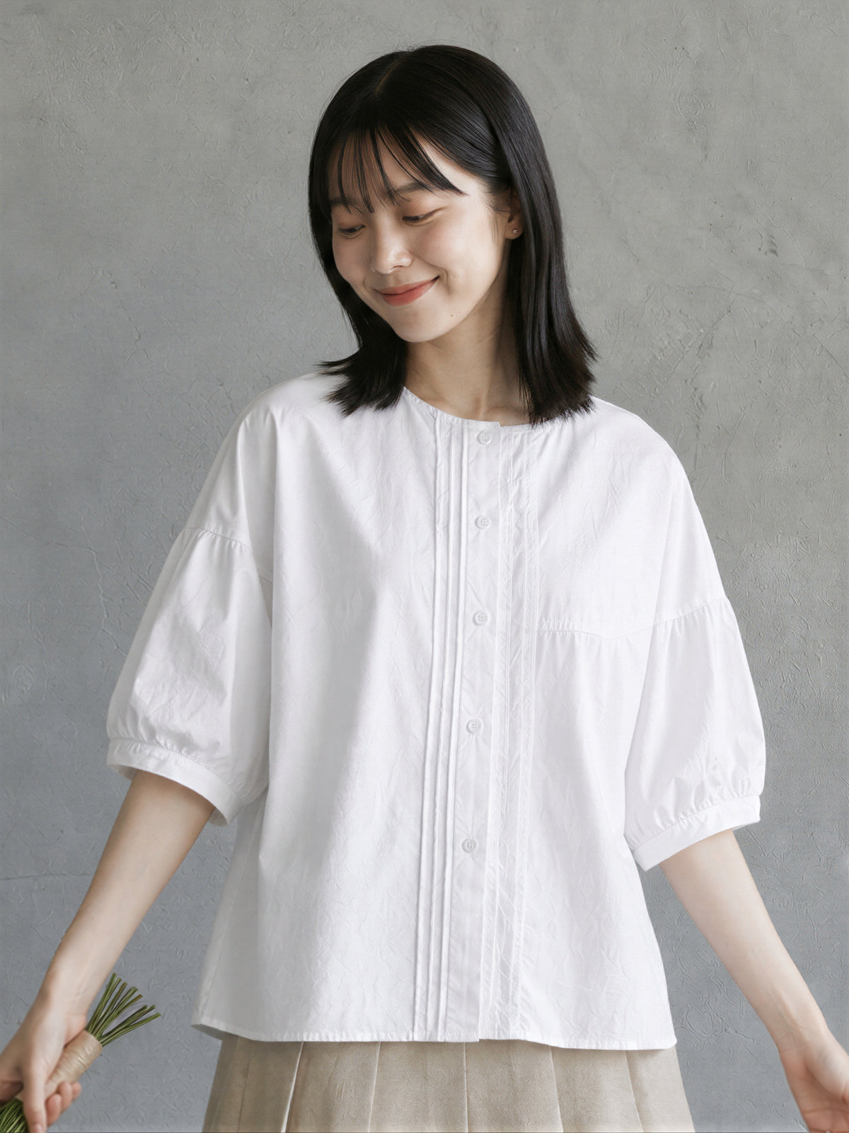 ラウンドネック ピンタック パフスリーブブラウス-ホワイト-2XL