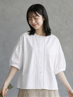 ラウンドネック ピンタック パフスリーブブラウス-ホワイト-2XL