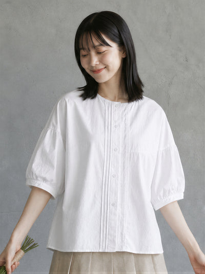 ラウンドネック ピンタック パフスリーブブラウス-ホワイト-2XL