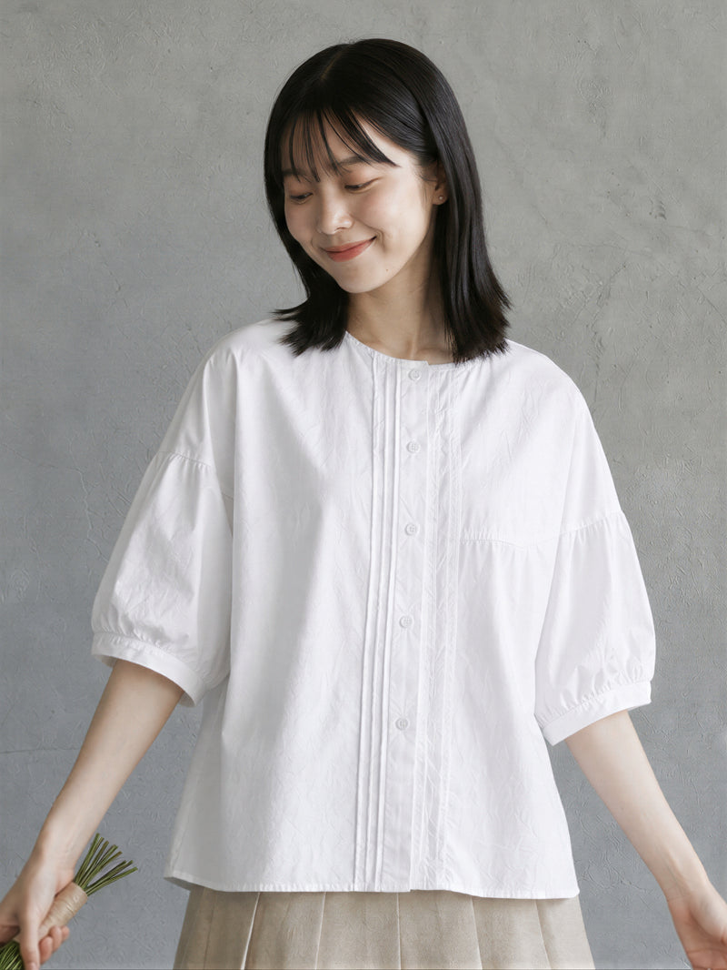ラウンドネック ピンタック パフスリーブブラウス-ホワイト-2XL