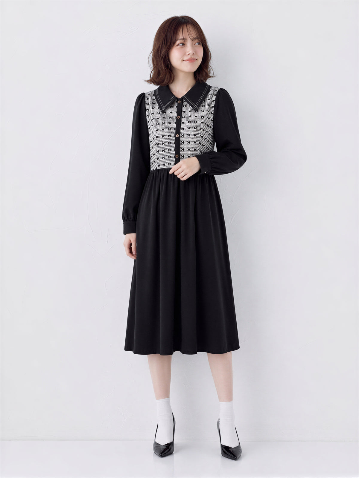 【秋新作】S~XL 切り替えビッグカラー ウエストマーク シャツワンピース
