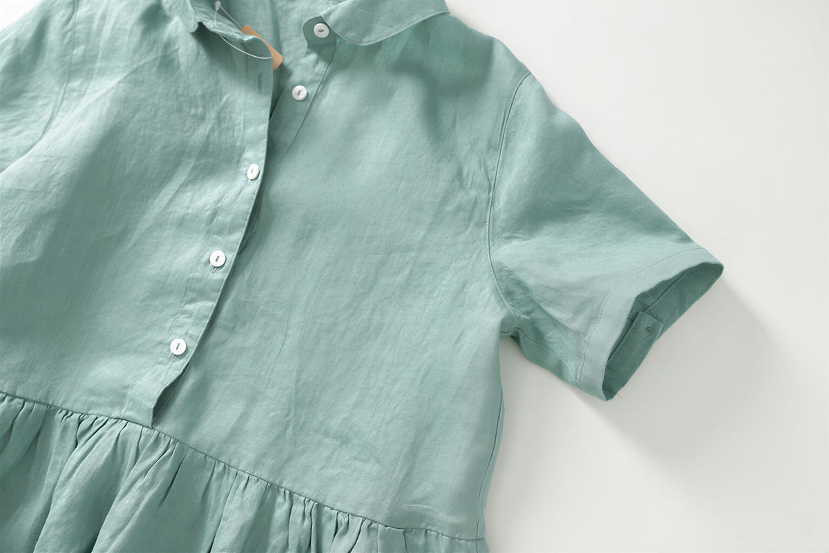 【全2色】M~2XL スタンドカラー 前ボタン ハイウエスト プリーツ ロングワンピース