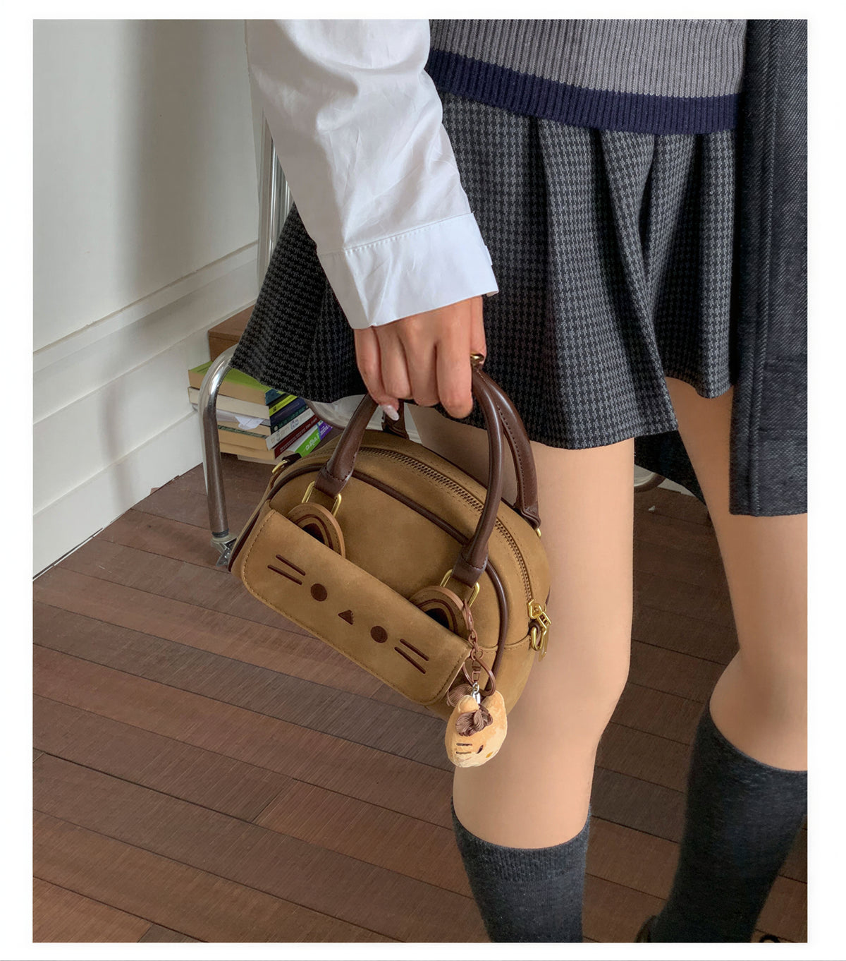 立体猫モチーフポケット付き ダブルハンドル ミニハンド・ショルダーバッグ