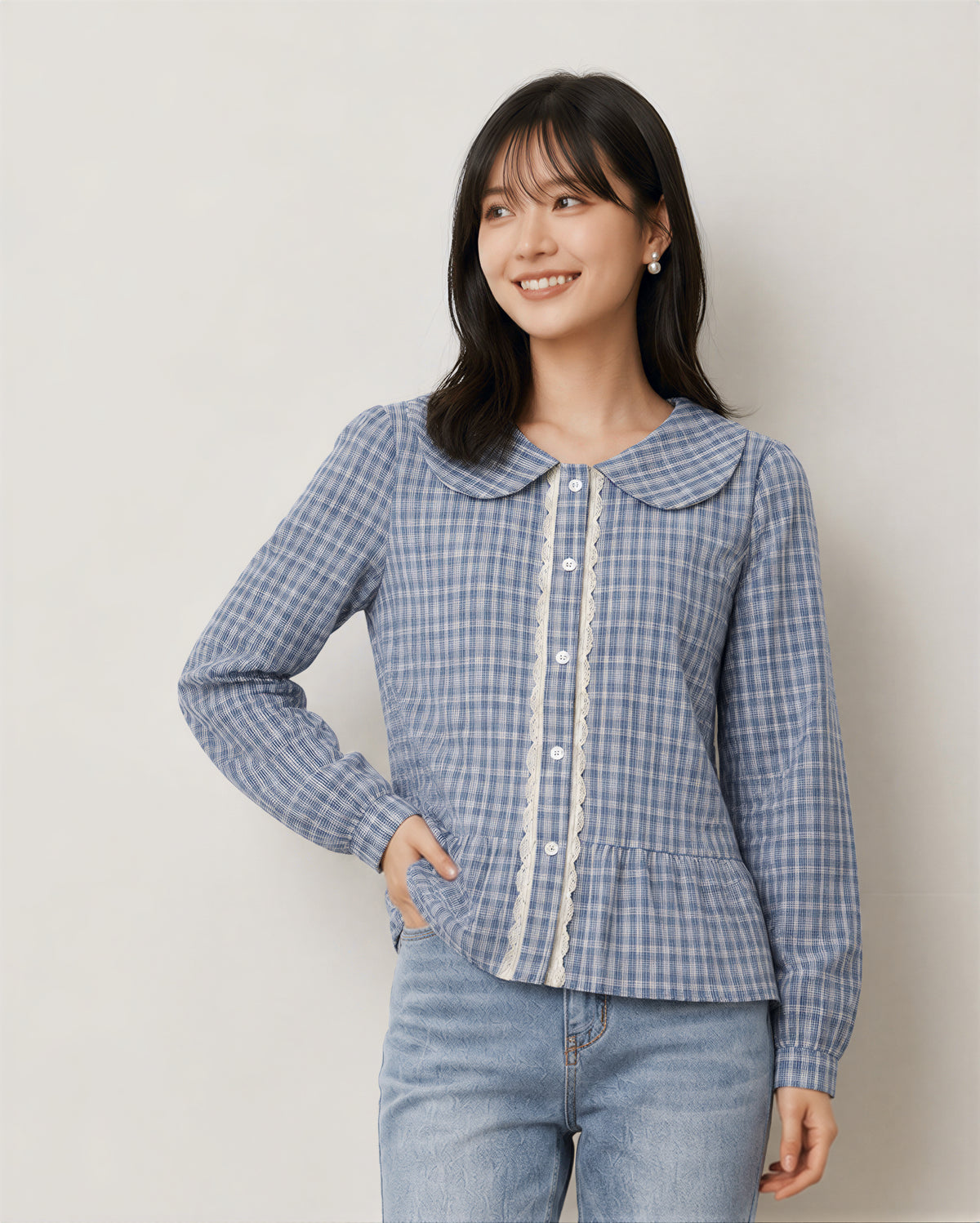 S-XL ライトブルーチェックのドールカラーウエストシェイプシャツ