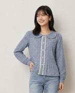 S-XL ライトブルーチェックのドールカラーウエストシェイプシャツ