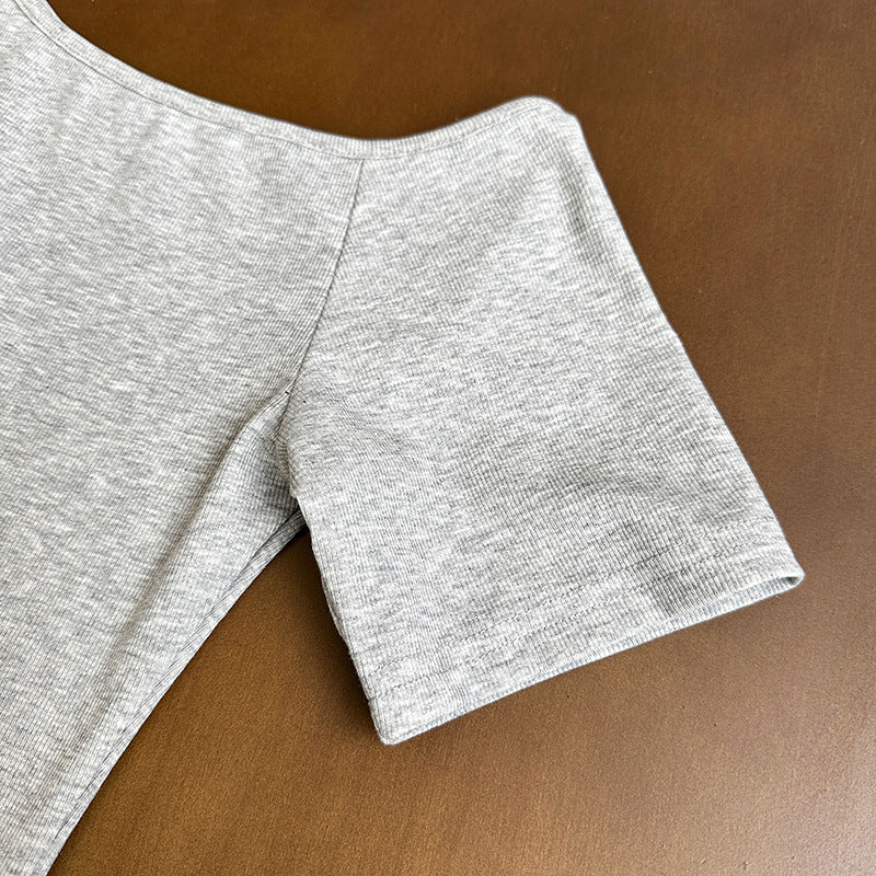 アシンメトリーショルダー 肩見せ カットアウト スリムTシャツ