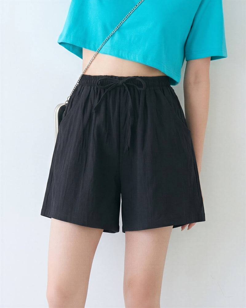 S~2XL 【全3色】ウエストゴム＆ドローストリング ゆったりカジュアルショートパンツ