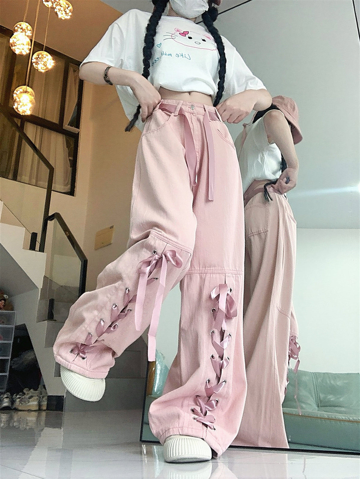 ライトピンク ハイウエスト リボンベルト ワイドレッグ レースアップ デニムパンツ