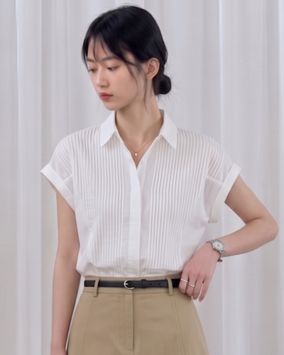 立体プリーツ切り替え 半袖シャツ