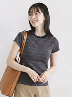 ラインをきれいに見せる 配色クルーネックTシャツ-ダークブルー-L