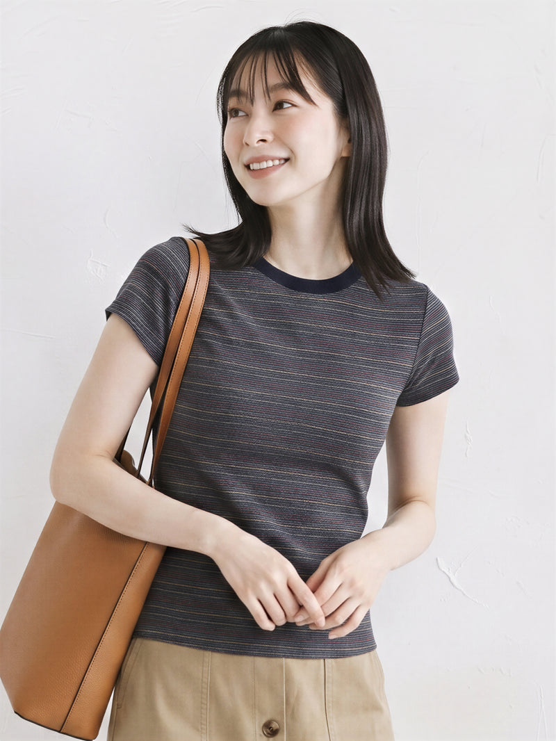 ラインをきれいに見せる 配色クルーネックTシャツ-ダークブルー-L