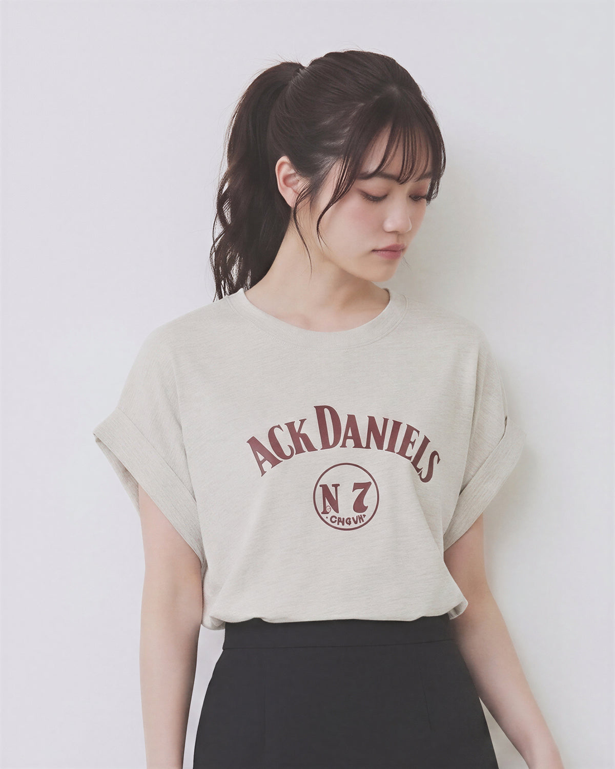 ロールヘムフリルスリーブ ヴィンテージプリントTシャツ