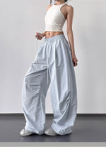 ドローストリングウエスト 立体シルエット ワイドレッグカーゴパンツ-サックス A02-XL
