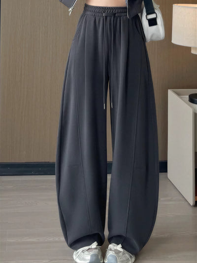 ハイウエスト ドローストリング 立体ワイドパンツ-スモークグレー-3XL