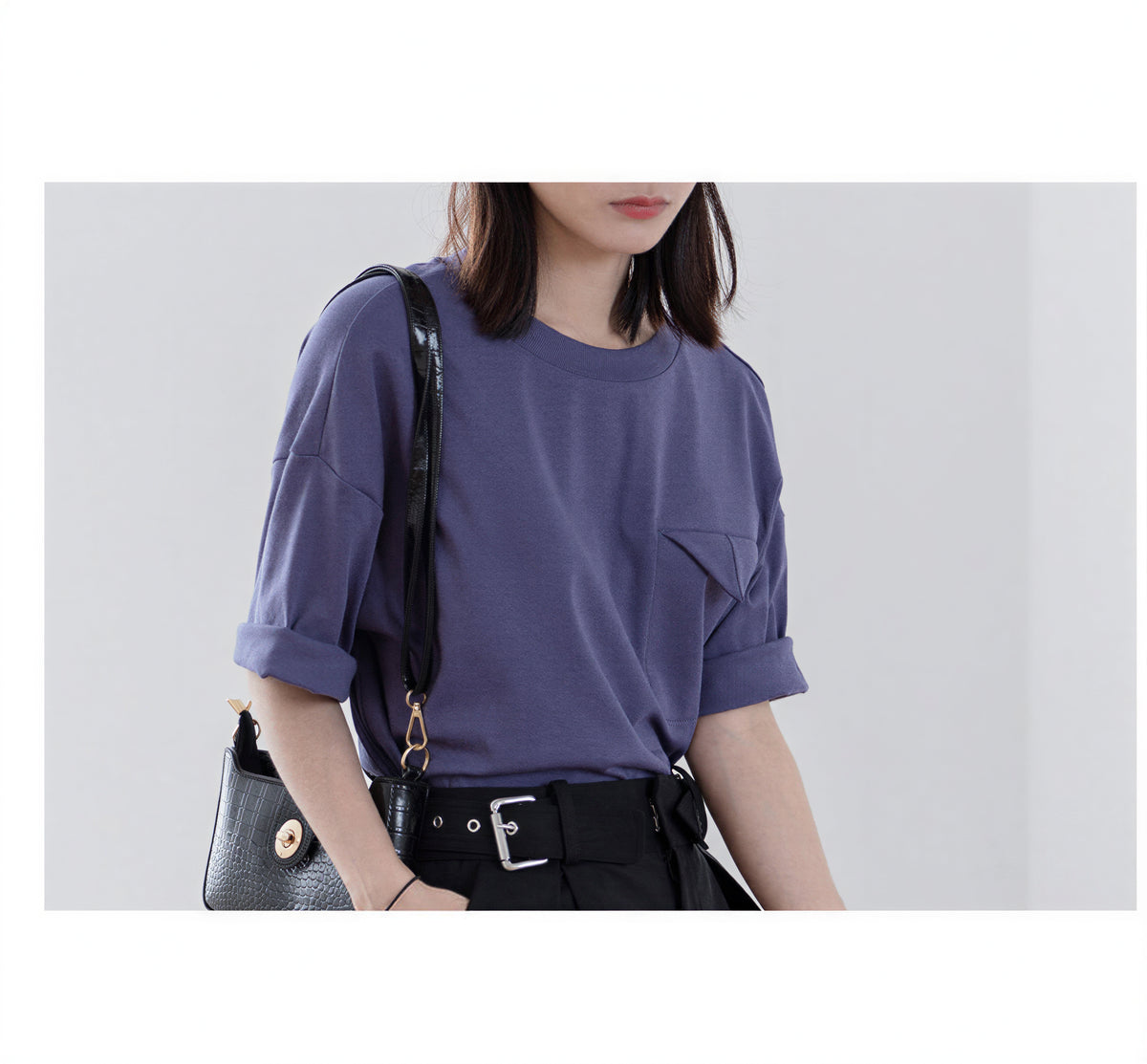 ゆったりドロップショルダー 折り返し袖口 ポケットTシャツ
