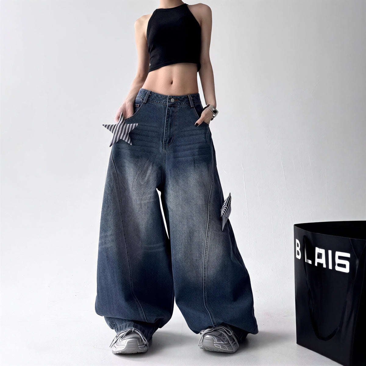 S-3XL ヴィンテージウォッシュ スターパッチ デニムパンツ