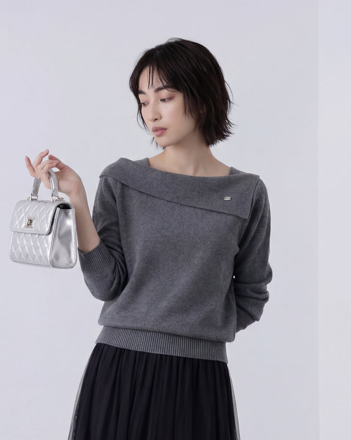 襟付きオフショル風ボートネック ゆったりショート丈ニット-ワイン-XL