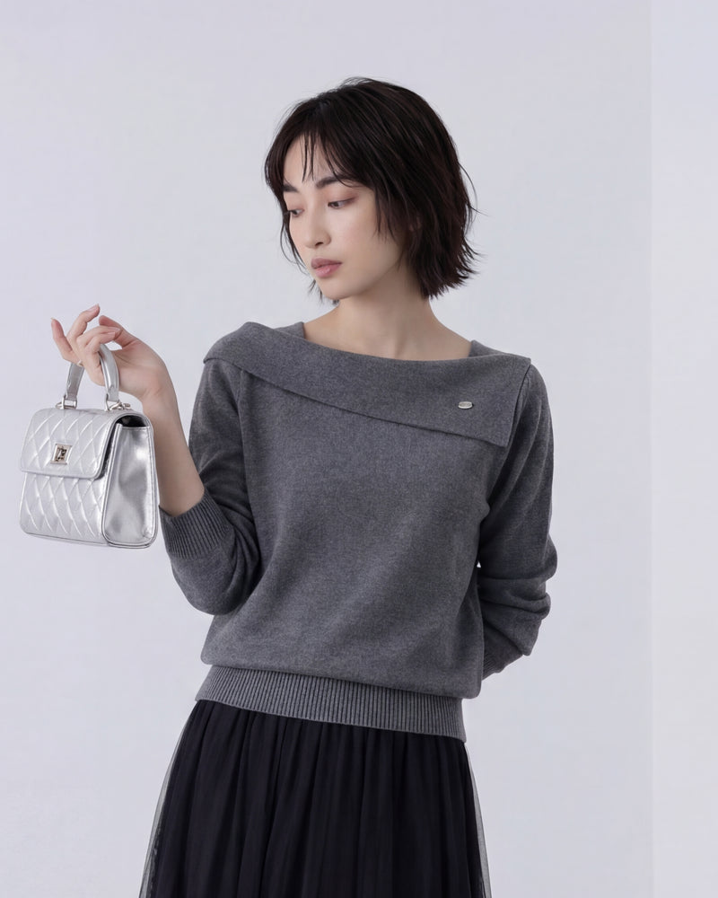 襟付きオフショル風ボートネック ゆったりショート丈ニット-ワイン-XL