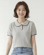 配色パイピングのポロ襟 透かし編み柄 ほどよくシェイプするニットTシャツ