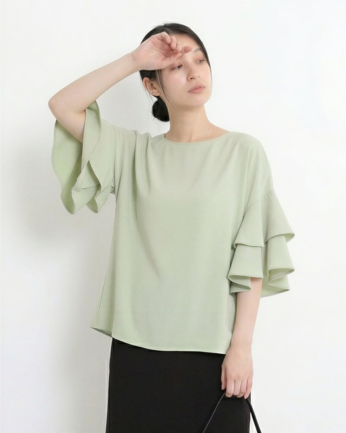 ダブルフリル袖 ゆったりクルーネックシャツ-ミント-L