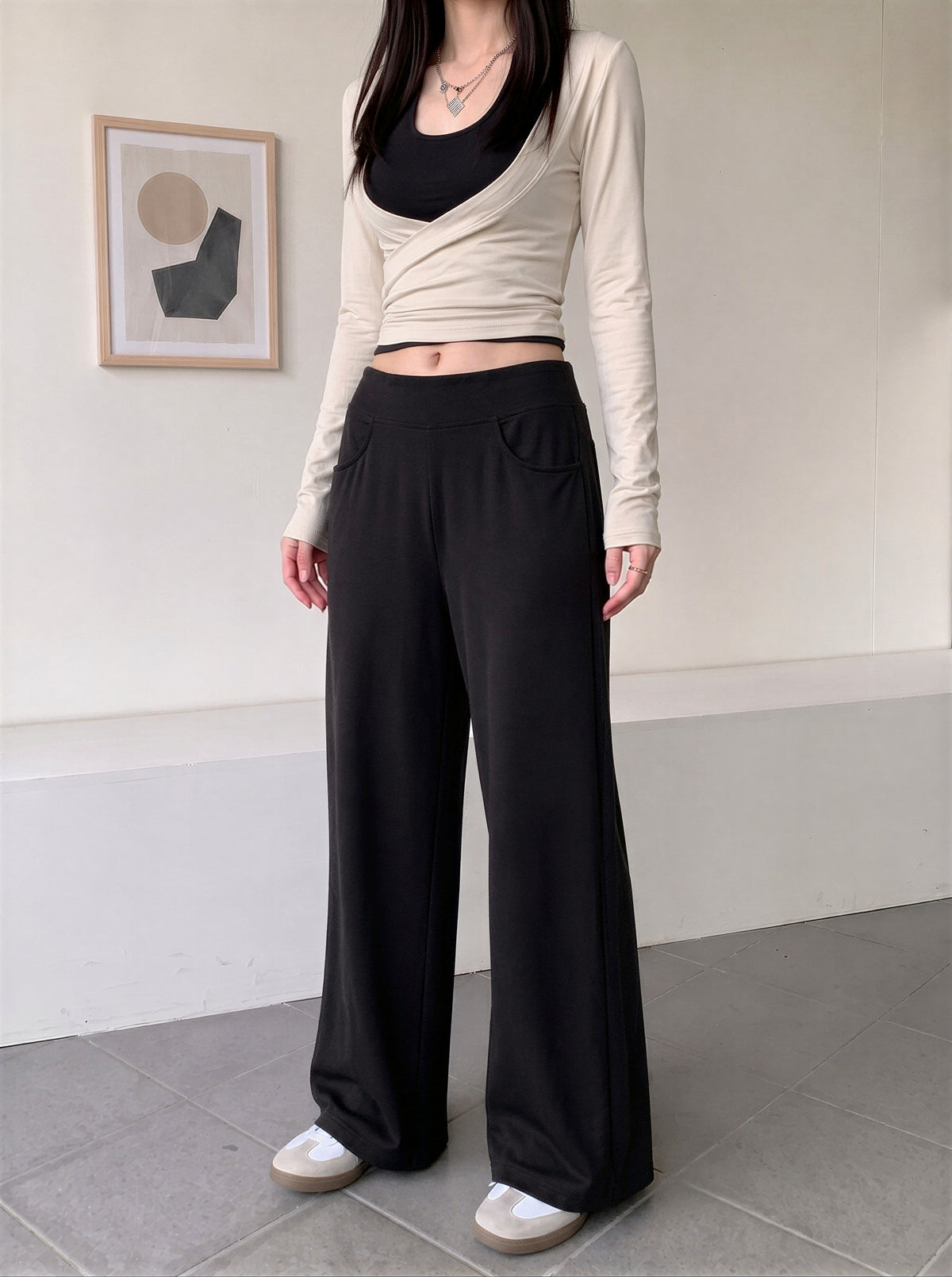【全3色】S-XL ハイウエスト 落ち感ストレートワイドパンツ