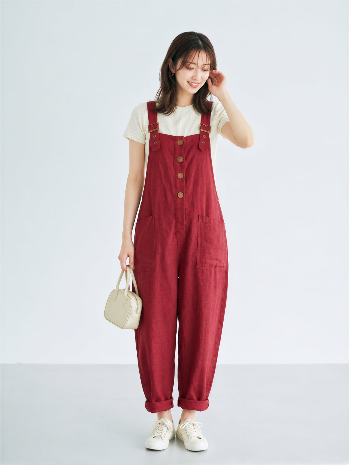 ゆったりストレート ビッグポケット サロペット-チェリーレッド-3XL