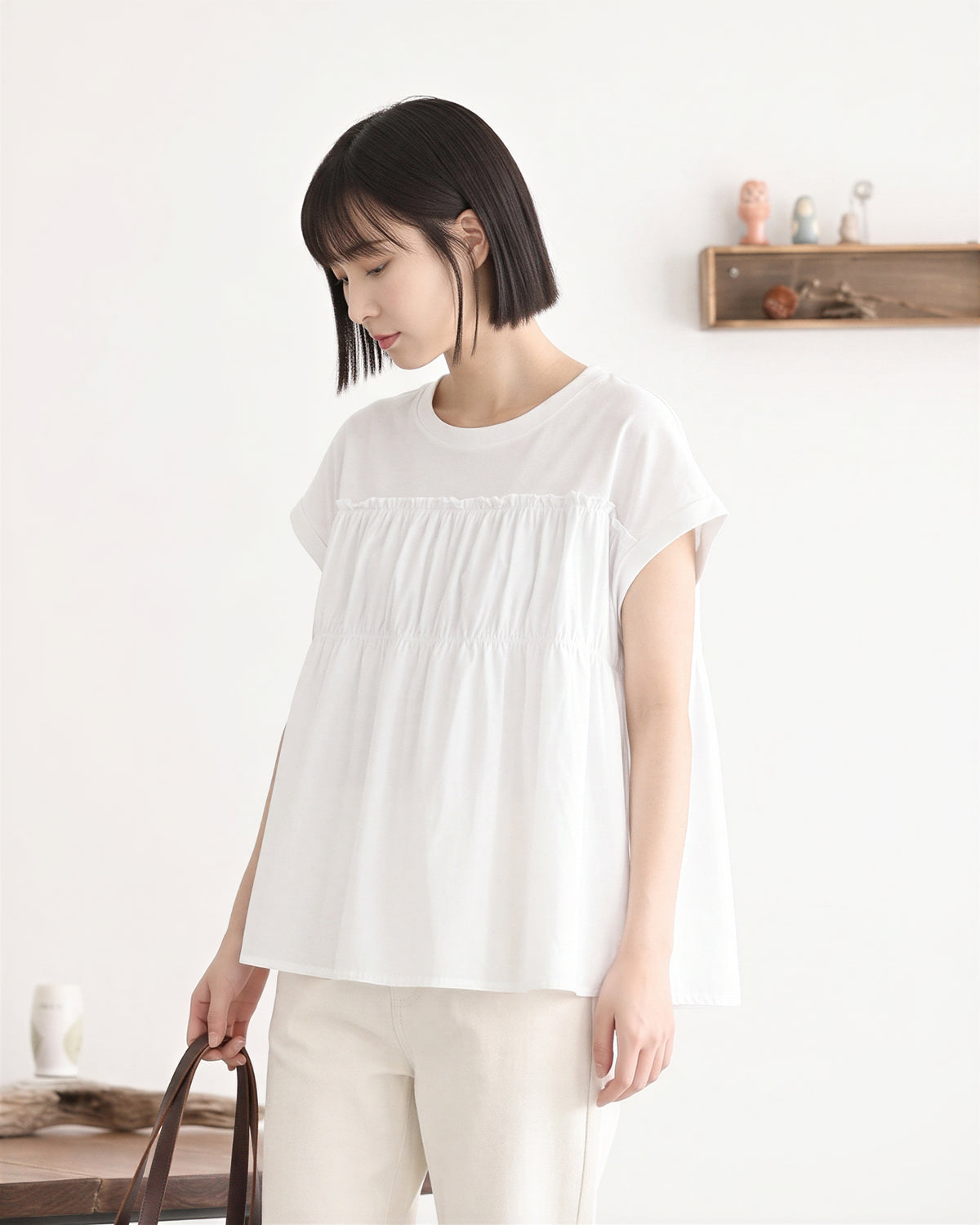切り替えギャザー入り ゆったりTシャツ