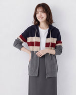 【秋新作】「全4色」M~4XL 切り替えボーダー ドローストリング フード付きニットカーディガン
