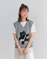 猫ジャカードVネックゆったりニットベスト