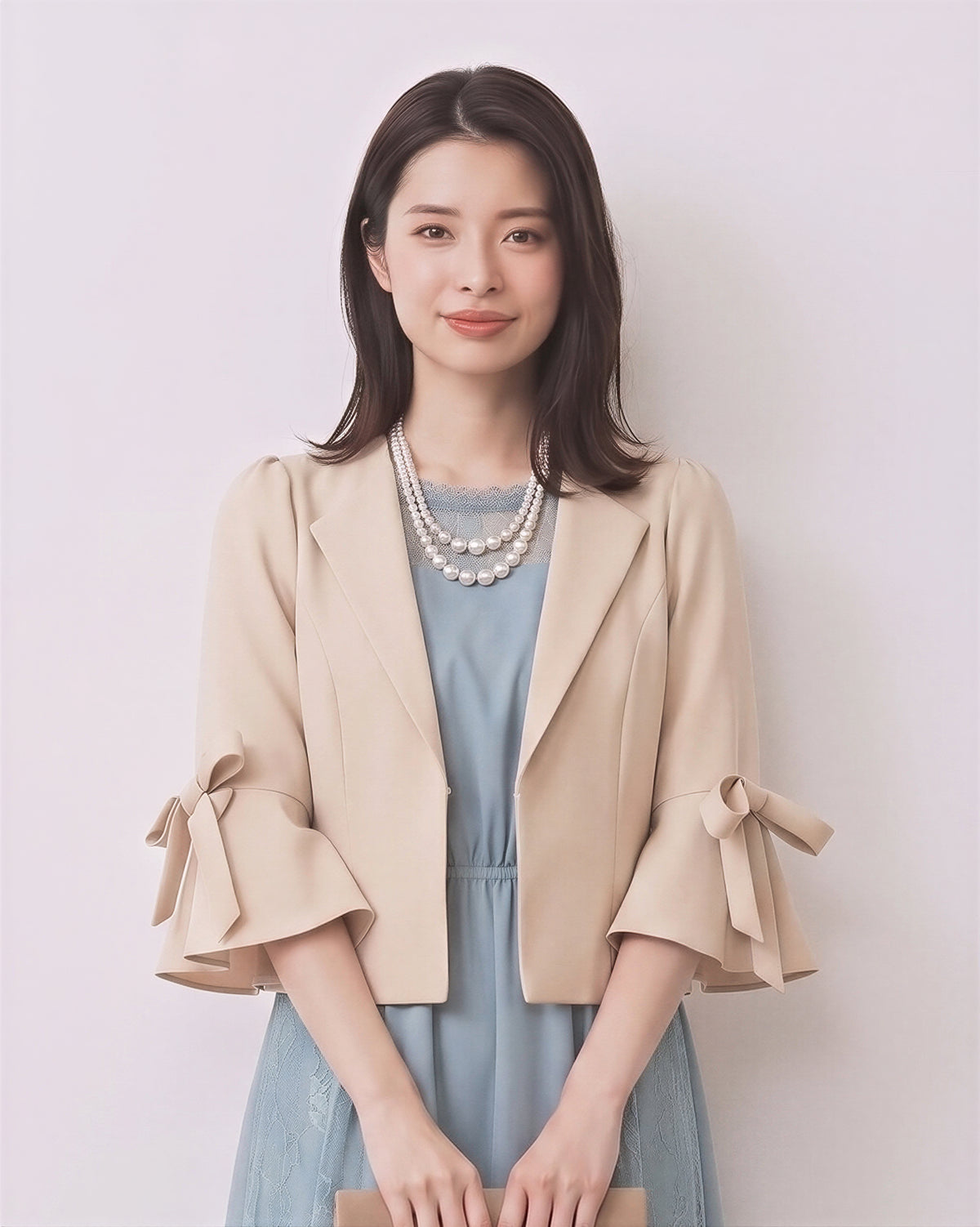 【秋新作】【全3色】S~2XL ラウンドネック フリルスリーブ リボン付き テーラードジャケット