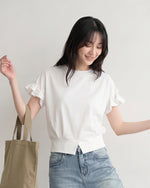 フリルスリーブ ウエストシェイプ ショート丈Tシャツ-ホワイト-L