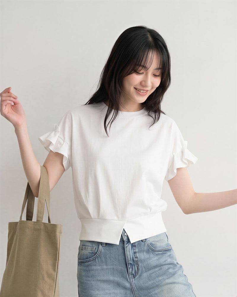 フリルスリーブ ウエストシェイプ ショート丈Tシャツ-ホワイト-L