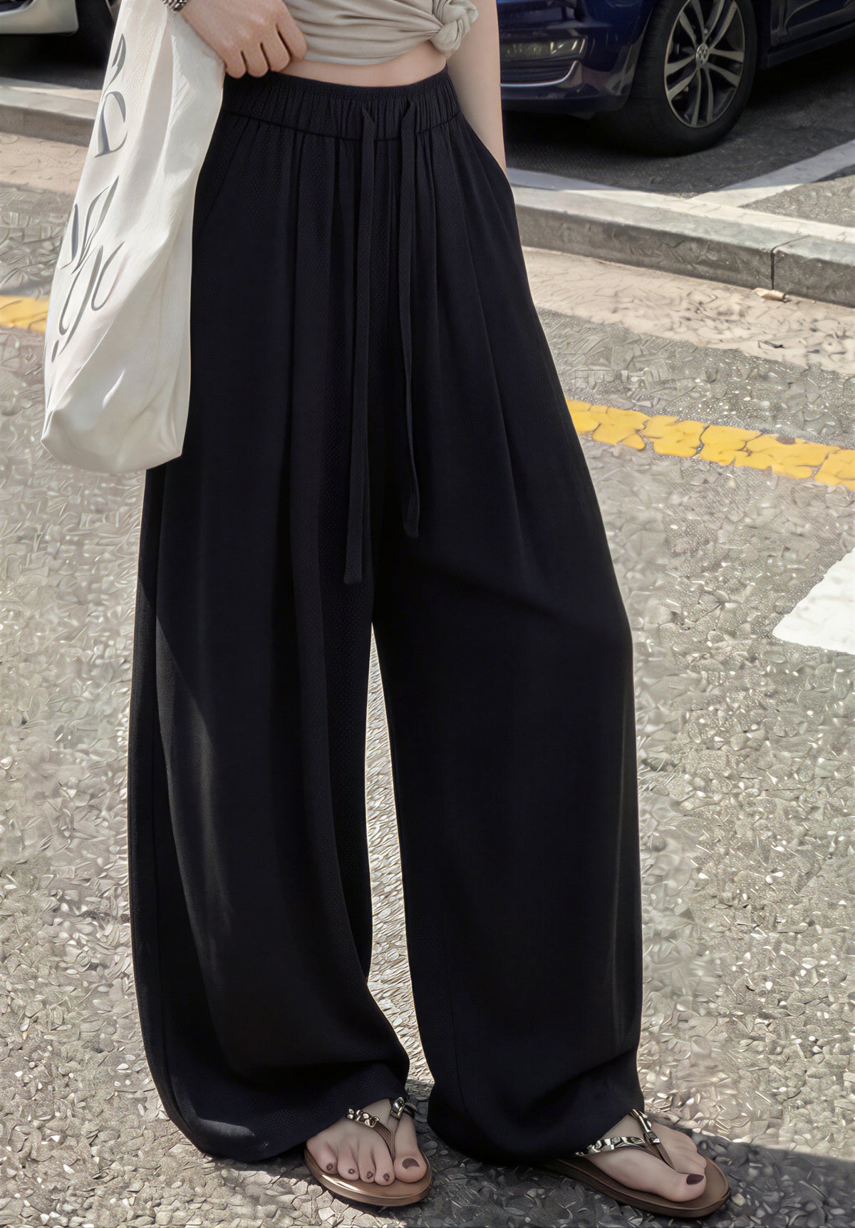 ドレープしわ加工 裾引きワイドパンツ