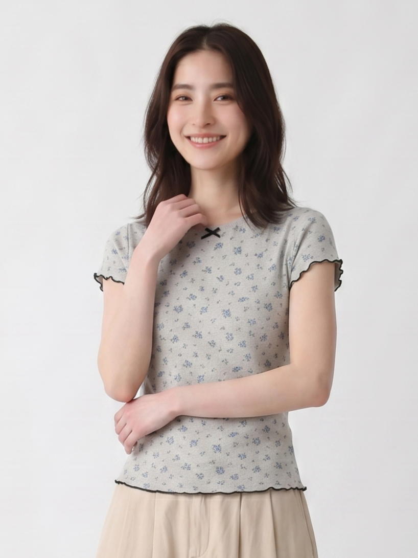 小花柄ジャカード リボンネック ニットTシャツ