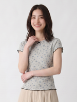 小花柄ジャカード リボンネック ニットTシャツ