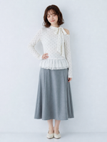 オフショルダー リボン×ドット 切り替え 長袖Tシャツ
