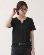 深V前立てボタン付き すっきり細見え 半袖Tシャツ