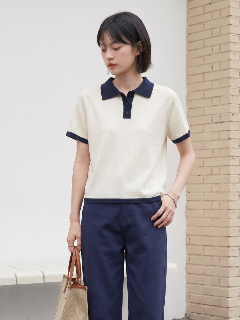 配色POLO襟ショート丈ニットトップス